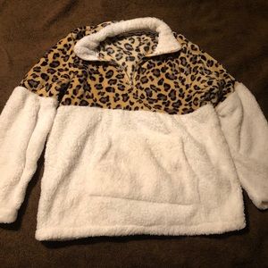 Woman’s leopard & white sherpa pullover